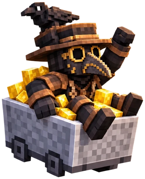 The blocky doctor riding a minecart full of gold blocks, one arm raised