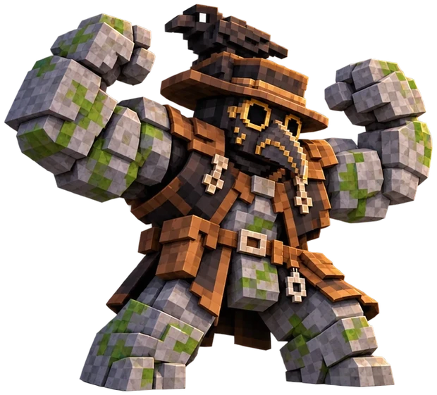 A huge mossy stone golem version of the doctor flexing both arms